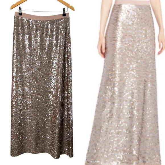 BCBGMAXAZRIA Rose Gold Sequin Maxi‎ Skirt Fully Lined Champagne Neutral, Large - Picture 1 of 13